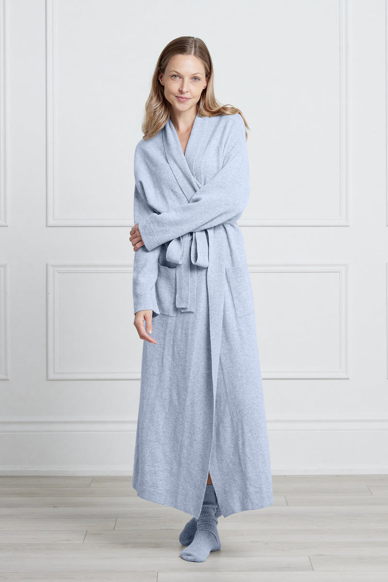 Pure Cashmere Long Robe in Mist Blue